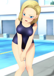 Rule 34 | 1girl, absurdres, android 18, blonde hair, blue eyes, blush, breasts, dragon ball, dragonball z, earrings, female focus, highres, jewelry, large breasts, leaning forward, legs, looking at viewer, open mouth, pool, short hair, solo, standing, swimsuit, thighs, water, yadokari genpachirou