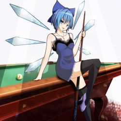Rule 34 | 1girl, aged up, ball, billiard ball, billiards, circled 9, cirno, cirno-nee, cue stick, dress, embodiment of scarlet devil, female focus, high heels, jewelry, naughty face, necklace, nikka (cryptomeria), shoes, solo, thighhighs, touhou