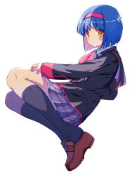 Rule 34 | 1girl, absurdres, akayama yukihe, black jacket, black socks, blue hair, blush, bob cut, bow, brown footwear, closed mouth, commentary request, eyes visible through hair, full body, grey skirt, hair between eyes, hairband, highres, jacket, kneehighs, legs together, little busters!, loafers, long sleeves, looking at viewer, miniskirt, nishizono mio, pink bow, plaid, plaid skirt, pleated skirt, red hairband, school uniform, shoes, short hair, simple background, sitting, skirt, smile, socks, solo, white background, yellow eyes