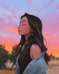 Rule 34 | 1girl, bare shoulders, black hair, breasts, closed eyes, earrings, highres, jewelry, lips, long hair, necklace, outdoors, photo-referenced, profile, real life, sam yang, small breasts, solo, sunset