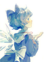 Rule 34 | 1girl, :|, absurdres, ahoge, blue bow, blue dress, blue eyes, blue hair, blush, bow, cirno, closed mouth, collared dress, dress, expressionless, frilled bow, frills, from side, hair bow, hands up, hidari (nanmu-left), highres, ice, ice wings, looking afar, neck ribbon, red ribbon, ribbon, short hair, simple background, solo, symbol-only commentary, touhou, upper body, waist bow, white background, white bow, wings