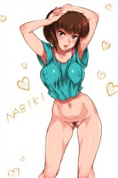Rule 34 | 1girl, armpits, arms up, bottomless, breasts, brown eyes, brown hair, censored, covered erect nipples, eyebrows hidden by hair, feet out of frame, female focus, female pubic hair, gluteal fold, highres, legs, looking at viewer, medium breasts, mosaic censoring, navel, no panties, open mouth, pubic hair, pussy, ranma 1/2, sakuradou, short hair, simple background, smile, solo, standing, tendou nabiki, thighs, white background