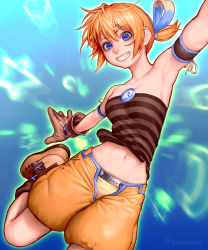 Rule 34 | 1girl, armpits, bare shoulders, blue eyes, breasts, copyright request, envenomist (gengoroumaru), foot out of frame, gloves, grin, highres, looking at viewer, medium breasts, midriff, navel, orange hair, short twintails, shorts, simple background, smile, solo, star (symbol), strapless, tube top, twintails