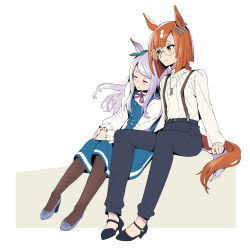 Rule 34 | 2girls, animal ears, blue pants, blush, bow, breasts, brown hair, closed eyes, closed mouth, dog tags, dress, ear bow, full body, green dress, high heels, highres, horse ears, horse girl, horse tail, ikuno dictus (umamusume), leaning on person, long hair, long sleeves, looking at another, mejiro mcqueen (umamusume), multiple girls, neck ribbon, overalls, own hands together, pants, pantyhose, purple hair, ribbon, round eyewear, shirt, sinnra art, sitting, small breasts, smile, tail, turtle, umamusume, white shirt, yuri