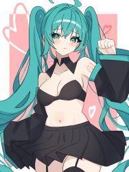 Rule 34 | 1girl, absurdres, ahoge, blue eyes, blue hair, blush, bra, breasts, coco irasuto, detached collar, detached sleeves, garter straps, hand up, hatsune miku, heart, highres, long hair, long sleeves, looking at viewer, medium breasts, navel, parted lips, pleated skirt, skirt, solo, thighhighs, twintails, underwear, very long hair, vocaloid