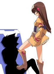 Rule 34 | 00s, 1girl, boots, brown eyes, brown hair, footjob, hands on own hips, knee boots, legs, long hair, penis, re mii, shiikeru, shoejob, silhouette, simple background, solo focus, stepped on, white background, zoids, zoids genesis
