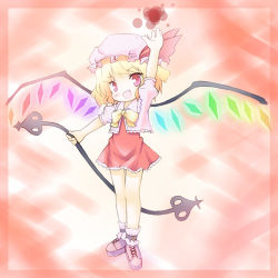 Rule 34 | 1girl, ankle cuffs, arm up, blonde hair, dress, fang, female focus, flandre scarlet, full body, hat, hat ribbon, laevatein, looking at viewer, lowres, mob cap, open mouth, puffy sleeves, red dress, red eyes, ribbon, shoes, simple background, solo, standing, touhou, tsukina (artist), wings