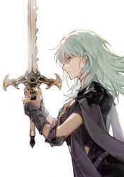 Rule 34 | 1girl, byleth (female) (fire emblem), byleth (fire emblem), enlightened byleth (female), fire emblem, fire emblem: three houses, from side, green eyes, green hair, highres, holding, holding sword, holding weapon, mika winter, nintendo, profile, sword, sword of the creator, weapon, white background