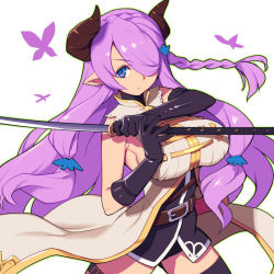 Rule 34 | 1girl, asymmetrical gloves, bad id, bad pixiv id, black gloves, black thighhighs, blue eyes, braid, breasts, bug, butterfly, draph, elbow gloves, gloves, granblue fantasy, hair over one eye, holding, holding sword, holding weapon, horns, insect, katana, large breasts, long hair, looking at viewer, metata, narmaya (granblue fantasy), oekaki, pointy ears, purple hair, simple background, single braid, single elbow glove, solo, sword, thighhighs, uneven gloves, weapon, white background