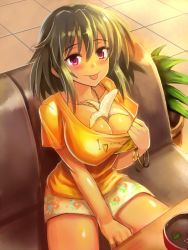 Rule 34 | 10s, 1girl, :p, banana, between breasts, blush, bowl, bracelet, breasts, cleavage, clothes pull, collarbone, couch, dark-skinned female, dark skin, edobox, flower pot, food, fruit, heart, idolmaster, idolmaster cinderella girls, jewelry, large breasts, looking at viewer, natalia (idolmaster), plant, purple eyes, sexually suggestive, shirt, shirt pull, short hair, short sleeves, sitting, smile, solo, tile floor, tiles, tongue, tongue out