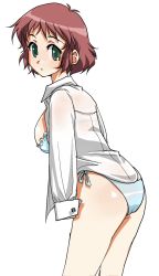 Rule 34 | 10s, 1girl, amputee, armless amputee, ass, blonde hair, bra, breasts, double amputee, dress shirt, green eyes, highres, katawa shoujo, lingerie, open clothes, open shirt, pakrin, panties, red hair, shirt, short hair, side-tie panties, solo, tezuka rin, underwear