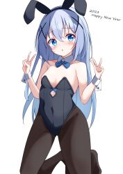 Rule 34 | 1girl, 2023, absurdres, animal ears, arms up, bare shoulders, black leotard, black pantyhose, blush, breasts, cleavage, covered navel, dated, double v, fake animal ears, gochuumon wa usagi desu ka?, groin, hair ornament, hairclip, happy new year, highres, kabocya na, kafuu chino, kneeling, leotard, new year, no shoes, pantyhose, playboy bunny, rabbit ears, small breasts, solo, strapless, strapless leotard, v, wrist cuffs