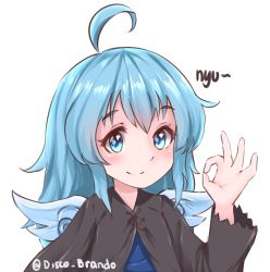 Rule 34 | 1girl, ahoge, blue dress, blue hair, blush, closed mouth, commentary, copyright request, disco brando, dress, english commentary, hand up, long sleeves, looking at viewer, ok sign, robe, simple background, smile, solo, twitter username, upper body, white background, wings