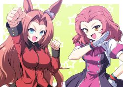 Rule 34 | :d, animal ears, arm up, black skirt, blue eyes, brown eyes, brown hair, clenched hand, cosplay, costume switch, crossover, epaulettes, girls und panzer, hair intakes, highres, horse ears, horse girl, jacket, kamishima kanon, kawakami princess (umamusume), long hair, long sleeves, looking at viewer, medium hair, open mouth, red hair, red jacket, rosehip (girls und panzer), skirt, smile, st. gloriana&#039;s military uniform, trait connection, tsurime, umamusume