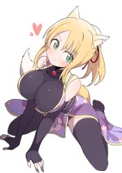 Rule 34 | 1girl, absurdres, animal ear fluff, animal ears, arm support, bare shoulders, black gloves, black leotard, black thighhighs, blonde hair, blush, breasts, closed mouth, commentary request, covered collarbone, dog days, elbow gloves, fingerless gloves, fox ears, fox girl, fox tail, full body, gloves, green eyes, hair between eyes, heart, highres, japanese clothes, kimono, large breasts, leotard, long hair, luke (dydansgur), no shoes, parted bangs, ponytail, purple kimono, simple background, sleeveless, sleeveless kimono, smile, solo, tail, thighhighs, white background, yukikaze panettone