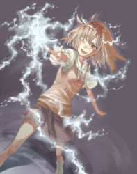 Rule 34 | 00s, 1girl, aiming, armpit peek, breasts, brown eyes, brown hair, brown vest, coin, dutch angle, electricity, electrokinesis, psychic, finger gun, floating, glowing, grey skirt, incoming attack, levitation, medium hair, messy hair, misaka mikoto, one eye closed, outstretched arms, pleated skirt, psychic, school uniform, skirt, small breasts, smile, solo, sweater vest, tautiki, toaru kagaku no railgun, toaru majutsu no index, tokiwadai school uniform, vest, wink