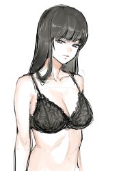 Rule 34 | 1girl, black eyes, black hair, bra, breasts, cleavage, girls und panzer, highres, kuppipi ramutarou, lace, lace-trimmed bra, lace trim, large breasts, lingerie, long hair, looking at viewer, mature female, nishizumi shiho, solo, underwear, upper body, white background
