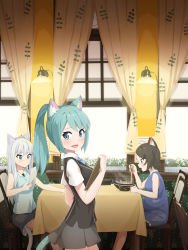 Rule 34 | 3girls, :d, absurdres, animal ear fluff, animal ears, blue eyes, blue hair, blue shirt, blush, brown hair, brown vest, cat ears, cat tail, clipboard, closed mouth, food, from side, grey skirt, highres, holding, holding clipboard, indoors, lamp, looking at viewer, looking to the side, mao lian (nekokao), miniskirt, multiple girls, noodles, open mouth, original, pleated skirt, ponytail, pregnant, ramen, shirt, short sleeves, sitting, skirt, smile, tail, aina (mao lian), vest, wall lamp, white shirt