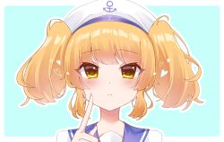 Rule 34 | 1girl, blonde hair, blue sailor collar, closed mouth, hat, highres, kitashirakawa chiyuri, milll 77, outside border, sailor, sailor collar, sailor hat, sailor shirt, shirt, solo, split mouth, touhou, touhou (pc-98), twintails, two side up, uniform, upper body, yellow eyes