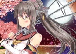 Rule 34 | 10s, 1girl, armband, bare shoulders, black eyes, black hair, body blush, cherry blossoms, detached sleeves, flower, full moon, hair flower, hair ornament, headgear, high ponytail, ichikawa feesu, kantai collection, looking at viewer, moon, night, night sky, oil-paper umbrella, sailor collar, sky, smile, solo, umbrella, upper body, yamato (kancolle)
