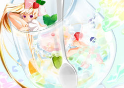 Rule 34 | 1girl, blonde hair, boots, bow, cherry, cup, dress, food, food-themed clothes, fruit, gelatin, hair bow, highres, in container, in cup, kiwi (fruit), long hair, orange (fruit), original, puffy sleeves, smile, solo, spoon, strawberry, very long hair, white dress