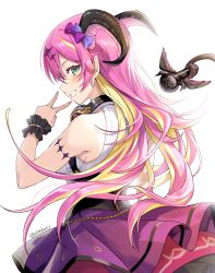 Rule 34 | 1girl, akamoku, asymmetrical horns, blonde hair, blush, bow, commentary request, corset, cowboy shot, demon girl, demon horns, from behind, green eyes, grin, hair between eyes, hair bow, hair ornament, headphones, headphones around neck, highres, holding, holding microphone, holding with tail, hololive, horns, long hair, looking at viewer, looking back, mano aloe, microphone, multicolored hair, nail polish, pink hair, pink nails, pointy ears, prehensile tail, profile, purple bow, purple skirt, shirt, simple background, skirt, sleeveless, sleeveless shirt, smile, solo, sparkle hair ornament, standing, tail, tail raised, twitter username, two-tone hair, v, very long hair, virtual youtuber, white background, white shirt, wrist cuffs