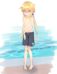 Rule 34 | 1girl, absurdres, barefoot, black male swimwear, black swim trunks, blonde hair, blush, crescent, crossdressing, drawstring, exhibitionism, flat chest, full body, hair between eyes, highres, kantai collection, long hair, low twintails, makkusu (max 101010), male swimwear, male swimwear challenge, nipples, nose blush, pool, public indecency, satsuki (kancolle), sidelocks, simple background, skinny, solo, sweat, swim trunks, swimsuit, topless, twintails, yellow eyes