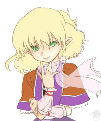 Rule 34 | 1girl, blonde hair, blush, buchiko, capelet, closed mouth, female focus, green eyes, lips, looking at viewer, mizuhashi parsee, pointy ears, see-through, smile, solo, touhou, upper body, wrist cuffs