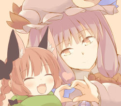 Rule 34 | 2girls, animal ears, blush, bow, braid, brown background, brown eyes, cat ears, commentary, commentary request, eyebrows, closed eyes, hair bow, hat, hazuki ruu, heart, heart hands, heart hands duo, kaenbyou rin, long hair, mob cap, multiple girls, patchouli knowledge, purple hair, red hair, simple background, smile, touhou