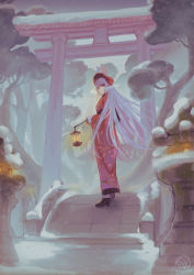 Rule 34 | 1girl, absurdres, animal ears, blue hair, floral print, high heels, highres, holding, holding lantern, japanese clothes, lantern, long hair, looking at viewer, original, outdoors, rabbit ears, red eyes, sangatsu (mitsuki358), signature, sky, snow, solo, standing, stone lantern, straight hair, torii, tree, wide sleeves, winter
