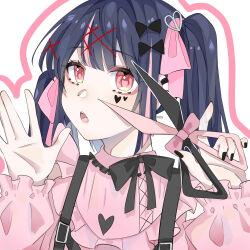 Rule 34 | 1girl, abstract background, absurdres, bad id, bad pixiv id, belt buckle, black ribbon, blue hair, blush, bow, buckle, collar, facial tattoo, frilled collar, frilled sleeves, frills, hair bow, hair ornament, hands up, heart, highres, holding, holding scissors, jirai kei, long hair, long sleeves, looking away, mod (artist), open mouth, original, outline, overalls, palms, pink bow, pink outline, pink shirt, pink theme, ribbon, scissors, shirt, solo, tattoo, teeth, tongue, twintails, upper teeth only, white background, x hair ornament