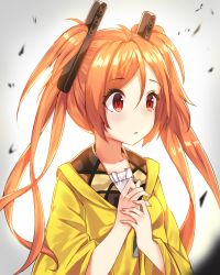 Rule 34 | 10s, 1girl, aihara enju, black bullet, ginon (sjyh3466), hair ornament, hands on own chest, highres, hood, hood down, hooded jacket, jacket, long hair, orange hair, own hands together, red eyes, solo, twintails, upper body