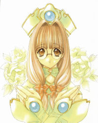 Rule 34 | 1990s (style), 1girl, angel flavor, artbook, bow, flower, glasses, hair bow, hat, highres, matsumoto kurumi, nanase aoi, retro artstyle, seraphim call, solo, twintails, white background