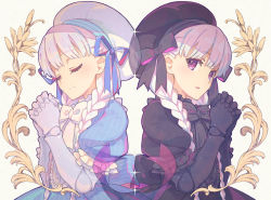 Rule 34 | alice (fate), beret, black dress, black headwear, blue dress, blush, bow, braid, breasts, closed eyes, doll joints, dress, fate/extra, fate (series), frills, hat, highres, joints, long hair, looking at viewer, nursery rhyme (fate), open mouth, puffy short sleeves, puffy sleeves, purple eyes, saipaco, short sleeves, silver hair, small breasts, smile, twin braids, white headwear