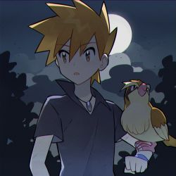 Rule 34 | 1boy, animal on arm, bird, bird on arm, black shirt, blue oak, brown eyes, brown hair, cloud, collared shirt, commentary, creatures (company), game freak, gen 1 pokemon, highres, jewelry, male focus, moon, necklace, night, nintendo, outdoors, pidgey, pokemon, pokemon (creature), pokemon frlg, pokemon on arm, rata (m40929), shirt, short hair, short sleeves, sky, spiked hair, symbol-only commentary, upper body, wristband