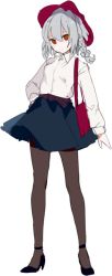 Rule 34 | 1girl, alternate costume, arm at side, bad id, bad twitter id, bag, belt, black footwear, black pantyhose, blue skirt, braid, brown pantyhose, buttons, casual, collared shirt, daimaou ruaeru, dress shirt, full body, hand on own hip, handbag, hat, izayoi sakuya, long sleeves, looking at viewer, miniskirt, no pupils, over shoulder, pantyhose, red eyes, red hat, shirt, shoes, short hair, silver hair, simple background, single braid, sketch, skirt, solo, standing, touhou, white background, wing collar