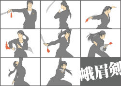 Rule 34 | black eyes, black hair, dao (weapon), fighting stance, formal, guan cai-he, highres, jacket, looking at viewer, looking to the side, nappii (nappy happy), original, pant suit, pants, ponytail, sequential, simple background, suit, sword, weapon, white background