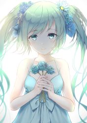 Rule 34 | 1girl, aqua eyes, aqua hair, blue flower, blue rose, blush, closed mouth, collarbone, flower, hair flower, hair ornament, hatsune miku, highres, holding, holding flower, long hair, looking at viewer, pdxen, rose, smile, solo, twintails, upper body, vocaloid