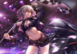 Rule 34 | 1girl, absurdres, belt, bikini, bikini top only, black bikini, black jacket, black panties, black shorts, breasts, checkered flag, choker, cleavage, fate/grand order, fate (series), flag, floating hair, hair between eyes, highleg, highleg panties, highres, holding, holding flag, jacket, jeanne d&#039;arc (fate), jeanne d&#039;arc alter (avenger) (fate), jeanne d&#039;arc alter (fate), jewelry, looking at viewer, medium breasts, midriff, motor vehicle, motorcycle, navel, necklace, open clothes, open jacket, panties, parted lips, race queen, sekaizero, short hair, short shorts, shorts, silver hair, solo, stomach, swimsuit, underwear, yellow eyes