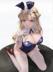 Rule 34 | 1girl, absurdres, alternate costume, animal ears, blonde hair, blue eyes, blue leotard, blush, breasts, cleavage, closed mouth, comiket 102, detached collar, double bun, fake animal ears, finger to mouth, fletcher (kancolle), gloves, hair bun, hair flaps, hair ornament, high heels, highres, kantai collection, large breasts, leotard, long hair, looking at viewer, non-web source, playboy bunny, purple eyes, rabbit ears, red footwear, rokuwata tomoe, scan, simple background, sitting, smile, solo, star (symbol), star hair ornament, strapless, strapless leotard, thighhighs, wariza, white background, white gloves, white thighhighs, wrist cuffs