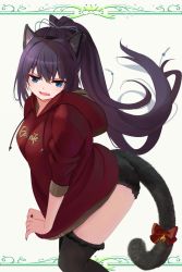 Rule 34 | 1girl, animal ears, black nails, black thighhighs, blue eyes, cat ears, cat tail, clothes writing, covering crotch, covering privates, fang, highres, hood, hoodie, konohana lucia, long hair, looking at viewer, nail polish, open mouth, ponytail, purple hair, rewrite, ribbon, simple background, solo, tagame (tagamecat), tail, thighhighs, white background