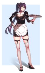 Rule 34 | 1girl, absurdres, alternate costume, apron, black footwear, breasts, cleavage, dress, enmaided, female admiral (kancolle), garter straps, glasses, gloves, hiememiko, high heels, highres, kantai collection, large breasts, latex, latex dress, maid, maid apron, maid headdress, ponytail, purple eyes, purple hair, solo, thighhighs, tray, white thighhighs
