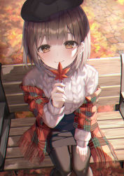 Rule 34 | 1girl, autumn, autumn leaves, bench, black hat, black pantyhose, black skirt, blush, brown eyes, brown hair, commentary request, falling leaves, feet out of frame, from above, grey sweater, hand on own thigh, hand up, hat, hinaki (hinaki 0102), holding, holding leaf, leaf, long sleeves, looking at viewer, original, pantyhose, park bench, pencil skirt, plaid, plaid scarf, scarf, school uniform, short hair, sitting, skirt, smile, solo, sweater