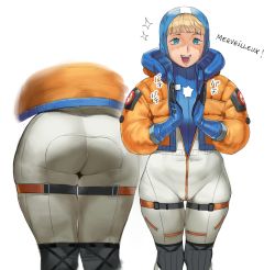Rule 34 | 1girl, animification, apex legends, ass, blonde hair, blue eyes, blue gloves, bodysuit, conto, french text, from behind, gloves, highres, hood, hooded bodysuit, multiple views, short hair, simple background, smile, thighs, wattson (apex legends), white background, wide hips