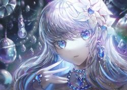 Rule 34 | 1girl, black background, blue eyes, blue gemstone, blue theme, blurry, blurry background, commentary request, flower, gem, glowing, grey hair, grey shirt, hair flower, hair ornament, hair over shoulder, highres, jewelry, long hair, long sleeves, looking at viewer, necklace, original, parted lips, raymond busujima, shirt, sidelocks, solo, twintails, upper body, white flower, white hair, winter