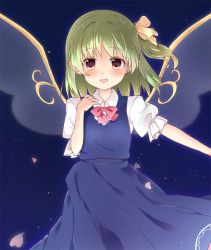 Rule 34 | 1girl, blue background, bow, daiyousei, dress, fairy wings, green hair, hair ribbon, hand on own chest, looking at viewer, outstretched arm, parted lips, petals, pointy ears, puffy short sleeves, puffy sleeves, ribbon, ruri (ruri usm), short hair, short sleeves, side ponytail, simple background, solo, touhou, wings, yellow eyes