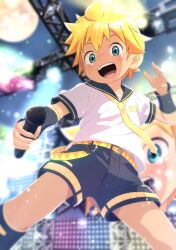Rule 34 | 1boy, aota xxx, bass clef, belt, black shorts, blonde hair, blue eyes, blurry, blurry background, full moon, highres, holding, holding microphone, idol, kagamine len, legs apart, male focus, microphone, moon, necktie, night, open mouth, sailor collar, shirt, short hair, short sleeves, shorts, solo, stage, stage lights, teeth, upper teeth only, vocaloid, white shirt, yellow necktie