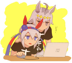 Rule 34 | 2girls, ahoge, animal ears, artist name, black shirt, blue eyes, commentary request, computer, fang, grey eyes, grey hair, hair ornament, hairband, hand on another&#039;s shoulder, headband, horse ears, jitome, laptop, long hair, mouse (computer), mukakin, multicolored hair, multiple girls, no mouth, oguri cap (umamusume), open mouth, shirt, short sleeves, sweat, table, tamamo cross (umamusume), translation request, two-tone hair, umamusume, upper body, v-shaped eyebrows