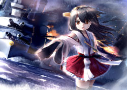 Rule 34 | 10s, 1girl, battleship, black hair, cannon, detached sleeves, fire, hairband, haruna (kancolle), highres, japanese clothes, kantai collection, long hair, military, military vehicle, open mouth, red eyes, ribbon-trimmed sleeves, ribbon trim, ship, smoke, solo, tsubasa (abchipika), warship, watercraft