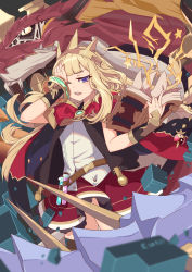 Rule 34 | 1girl, 2560269483, absurdres, blonde hair, blue eyes, bow, brooch, cagliostro (granblue fantasy), capelet, cloak, dress, frilled dress, frilled skirt, frills, granblue fantasy, headband, highres, jewelry, long hair, looking at viewer, one eye closed, red bow, skirt